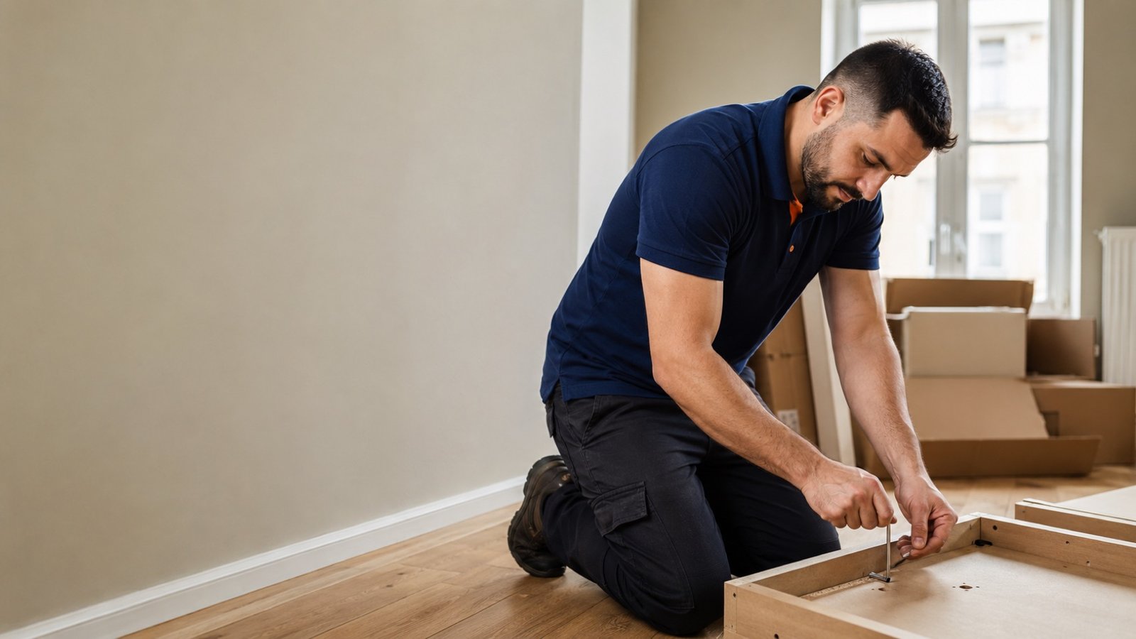 Installer assembling flat pack furniture in a Dublin home